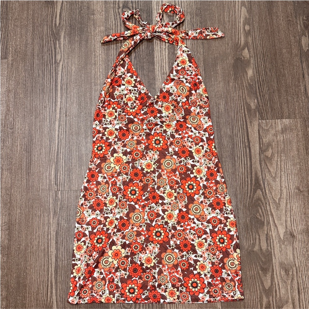 Shein Women’s Halter Mini Dress Floral Orange Size Large Retro